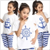 061401女童套裝藍色海軍風條紋套裝 圓領T恤套裝-小安妮女童裝夏裝面料 成分：棉類混紡 顏色：